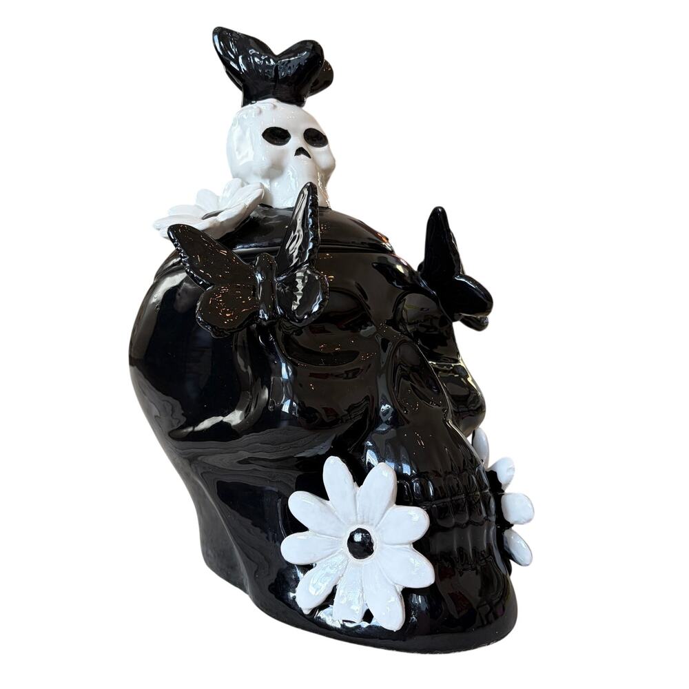 Halloween Skull Cookie Jar Canister w/ Lid Hand Painted Black White Spooky NEW